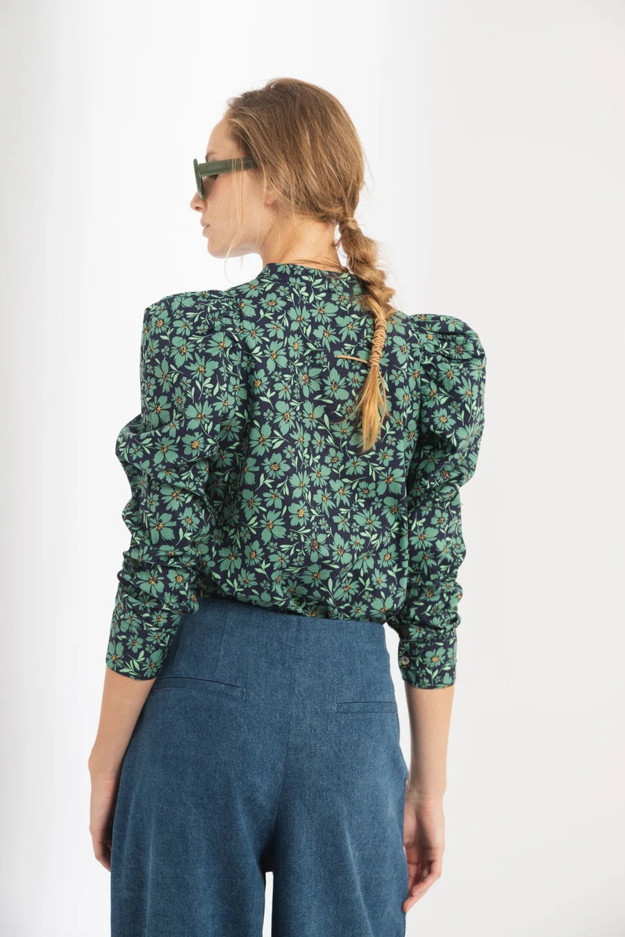 Lanhtropy Lilium Poplin Shirt - Green and Blue Ditsy Floral