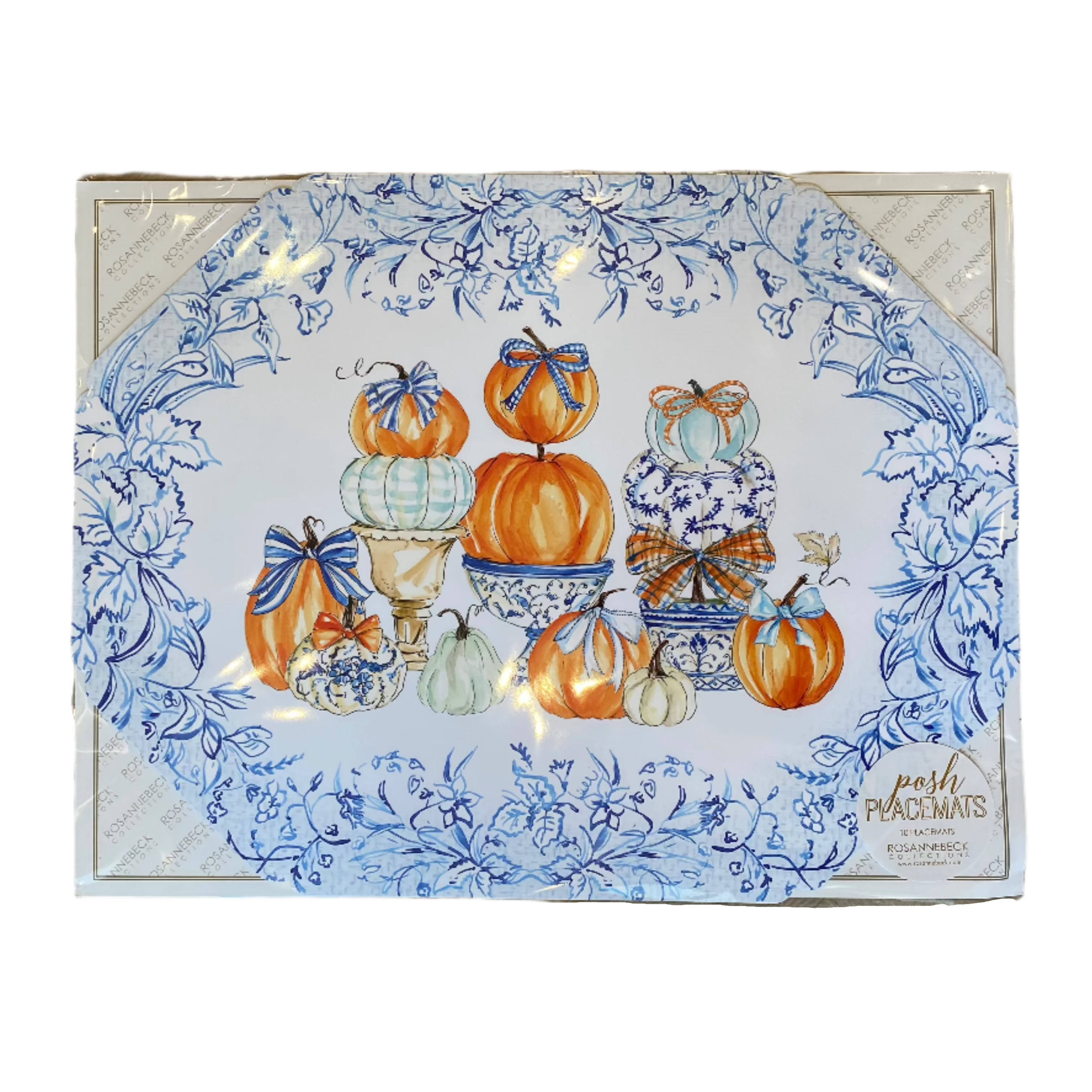 Posh Die Cut Placemat Handpainted Blue Chinoiserie Pots and Pumpkins