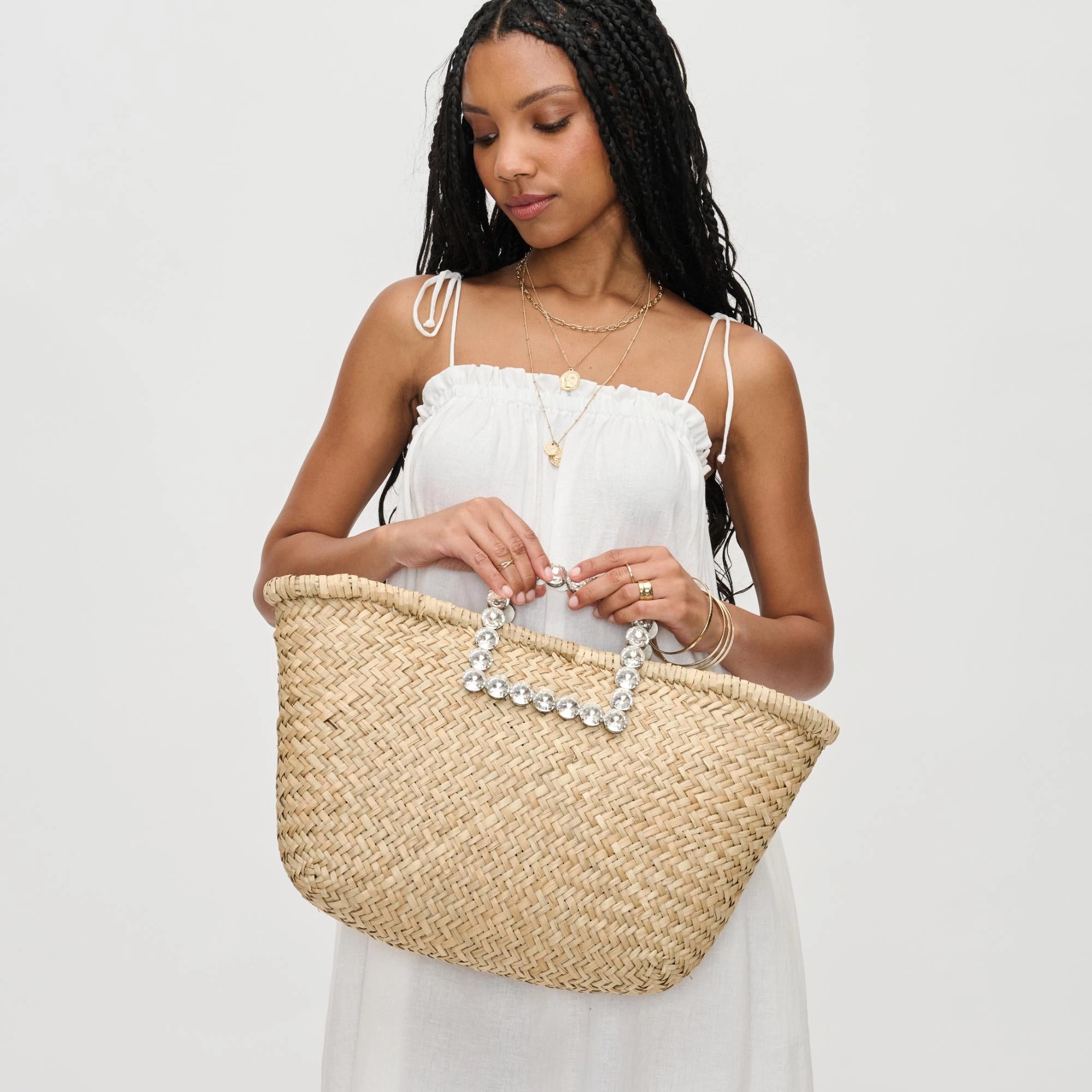 Large Rhinestone Handle Straw Tote