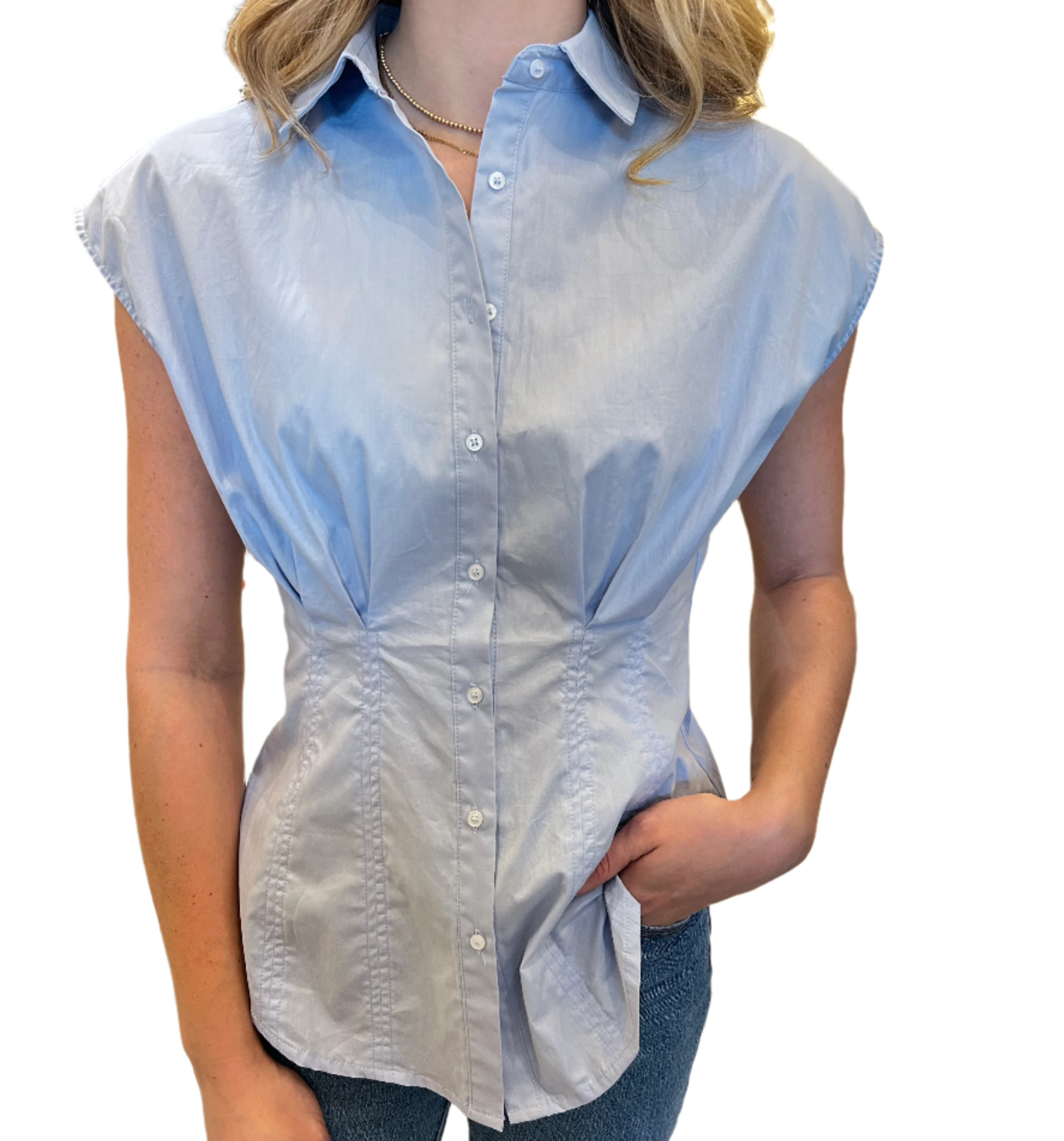 Pleated Cap Sleeve Blouse - Blue and White