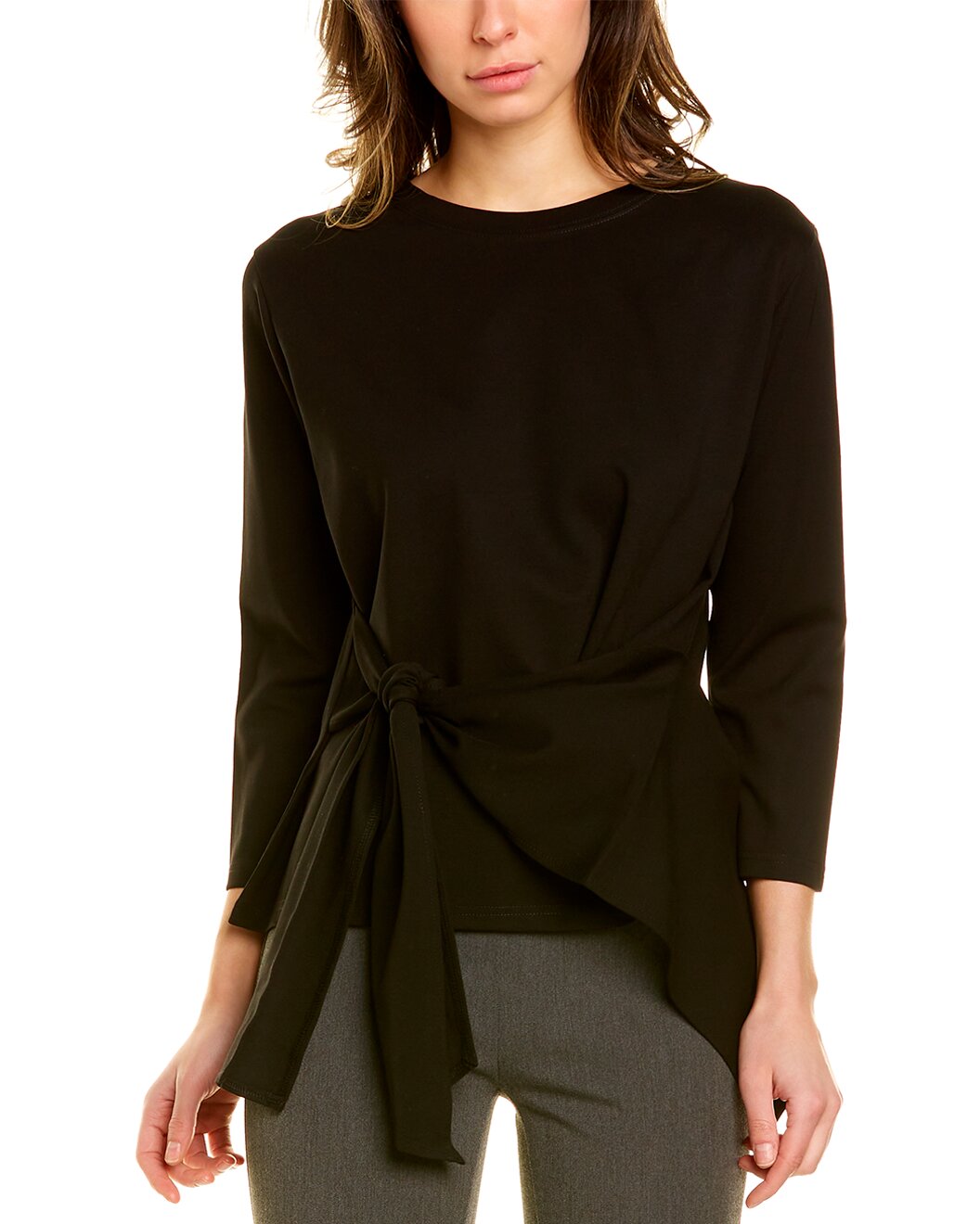 Bottom Tie String Point Long Sleeve Top - Black