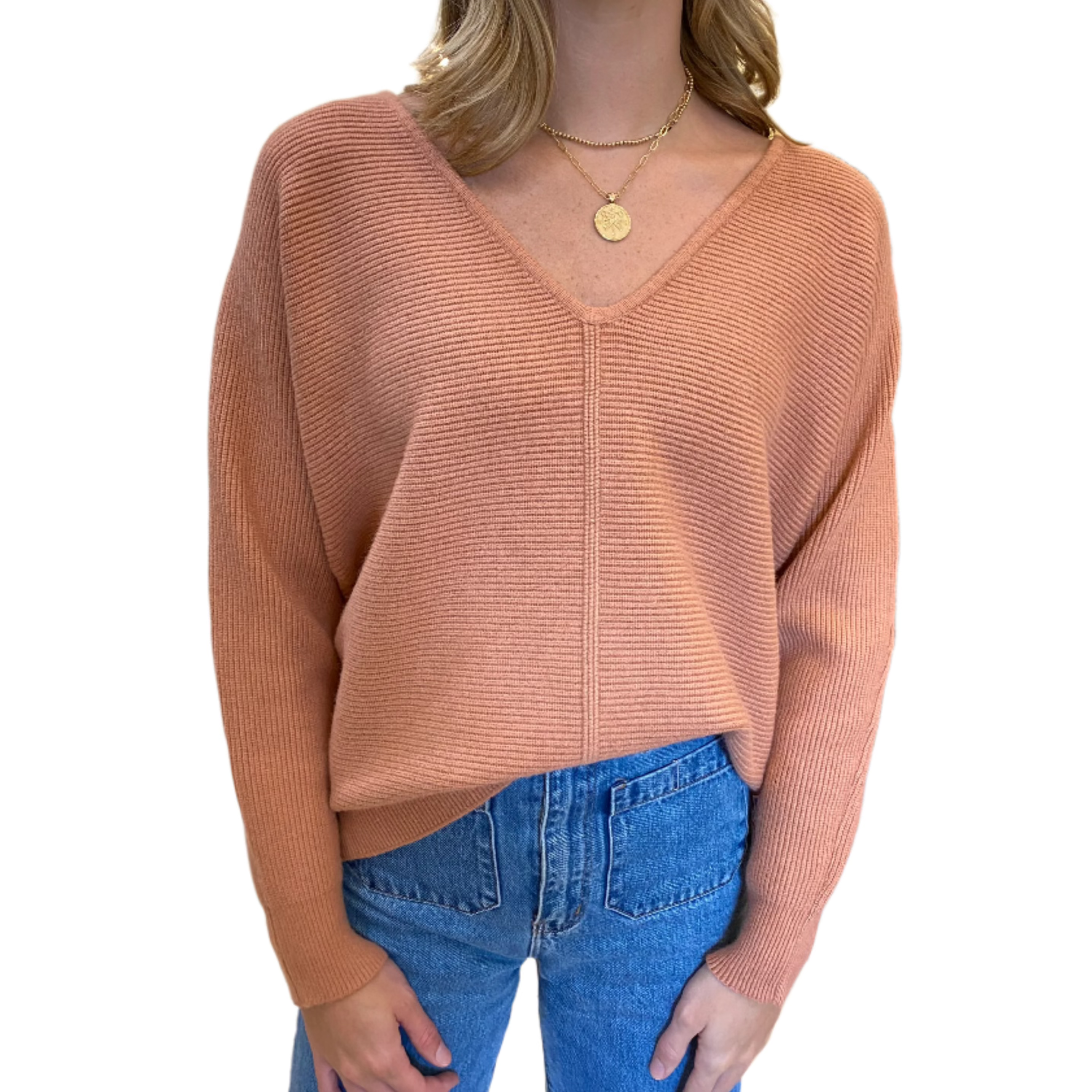 V-Neck Ribbed Sweater Top - Light Rust