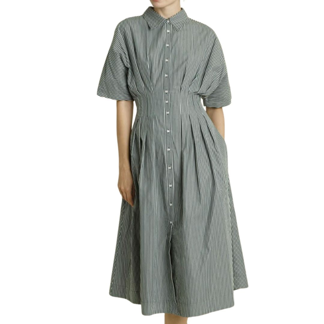 Button Front Midi Shirt Dress - Green or Navy