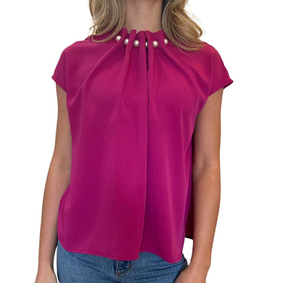 Pearl Embellished Neckline Short Sleeve Top - Fuchsia or White