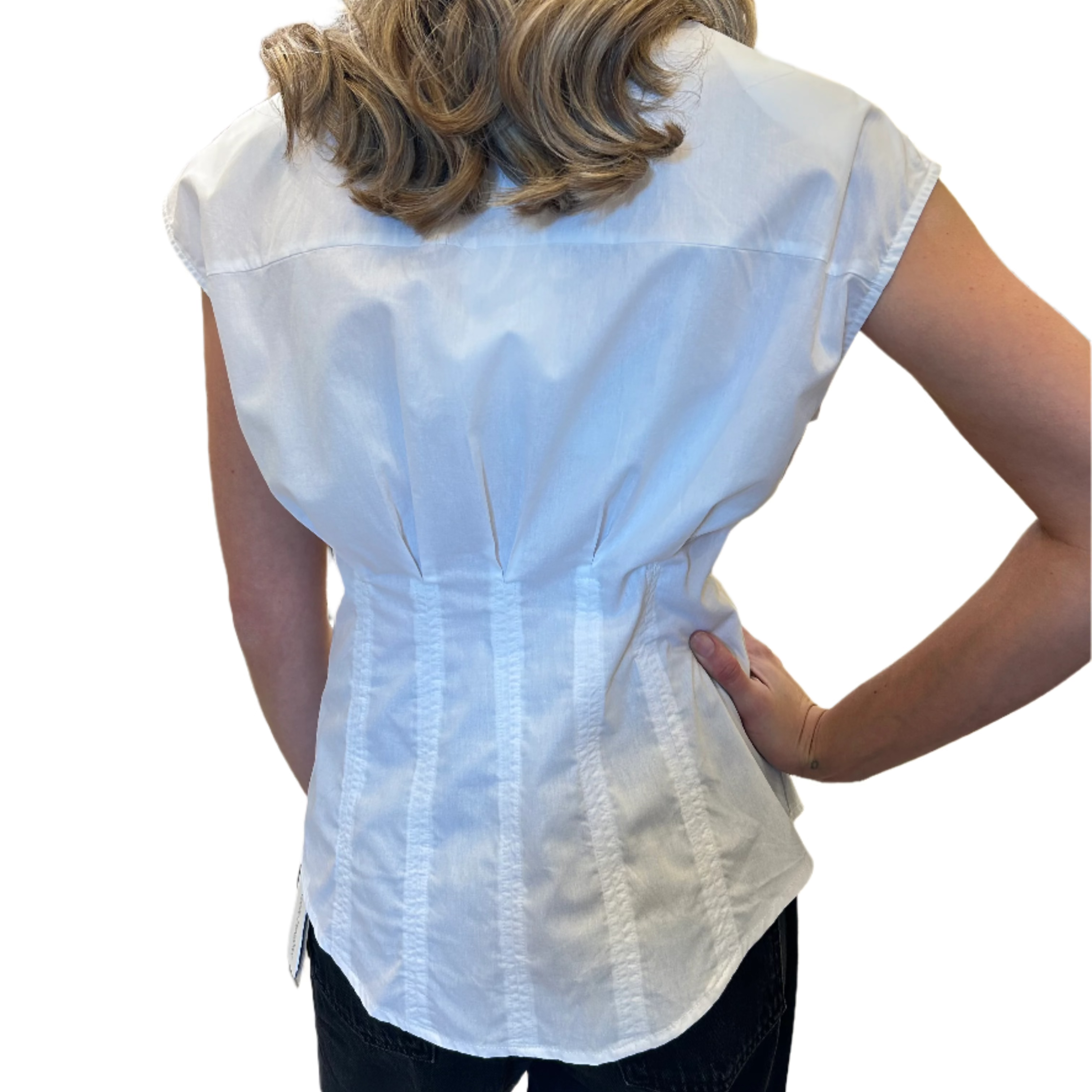 Pleated Cap Sleeve Blouse - Blue and White