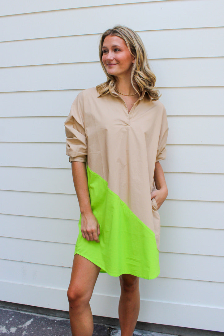 Caryn Lawn Preppy Contrast Dress - Khaki/Neon