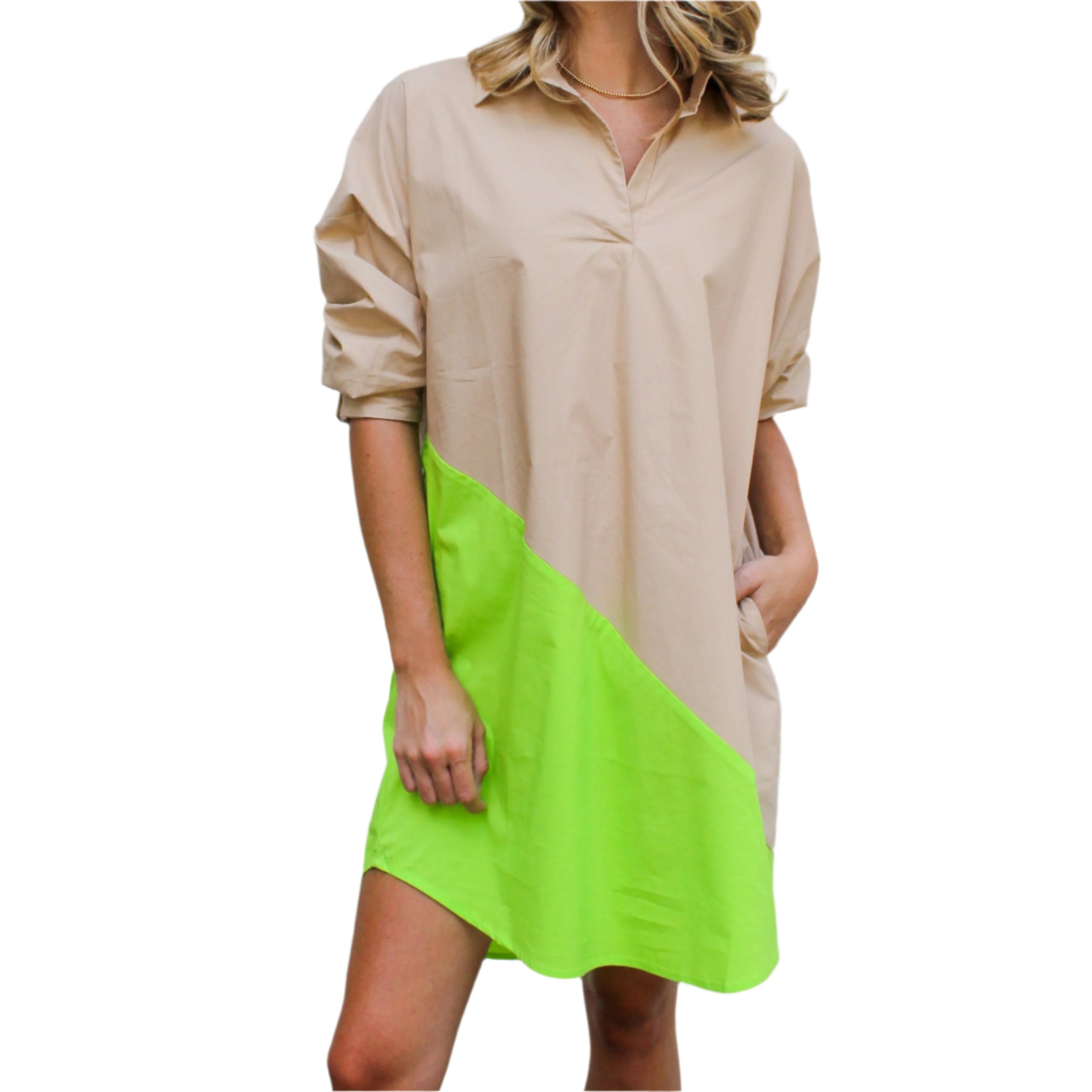 Caryn Lawn Preppy Contrast Dress - Khaki/Neon