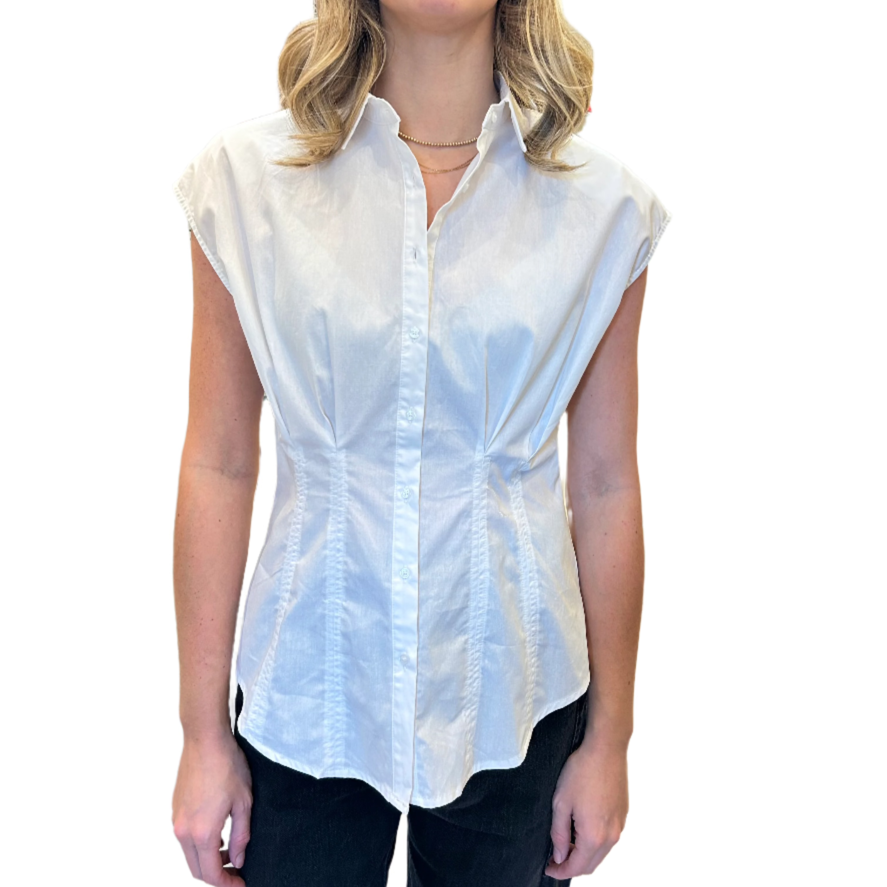 Pleated Cap Sleeve Blouse - Blue and White