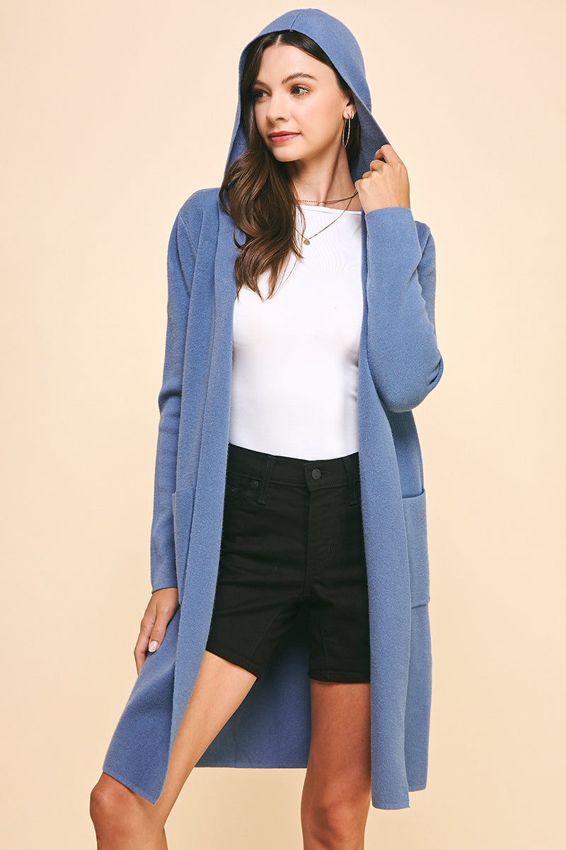 Hooded Cardigan Sweater Duster - Dusty Blue