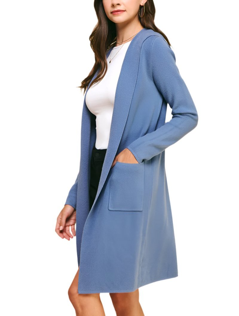 Hooded Cardigan Sweater Duster - Dusty Blue