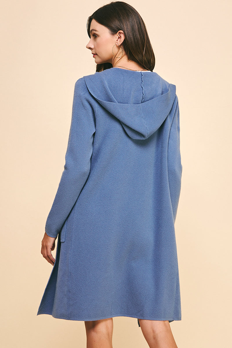 Hooded Cardigan Sweater Duster - Dusty Blue