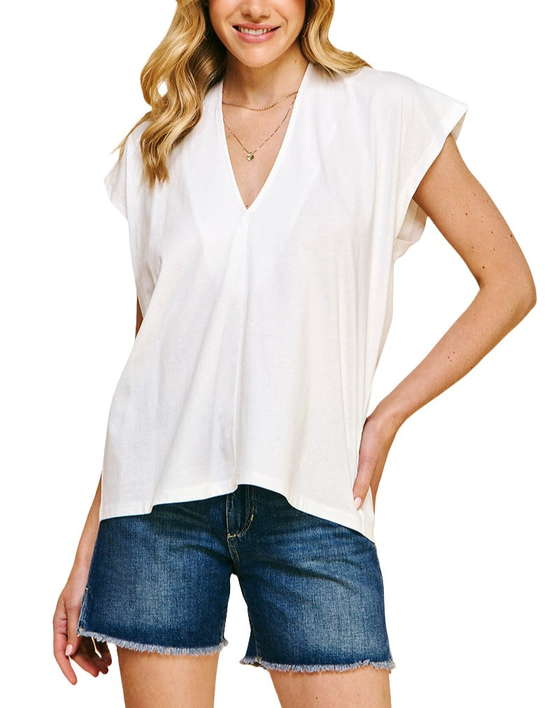 Cap Sleeve V-Neck Top - White