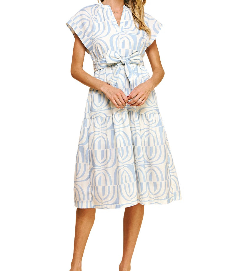 Print Tiered Midi Dress - Light Blue