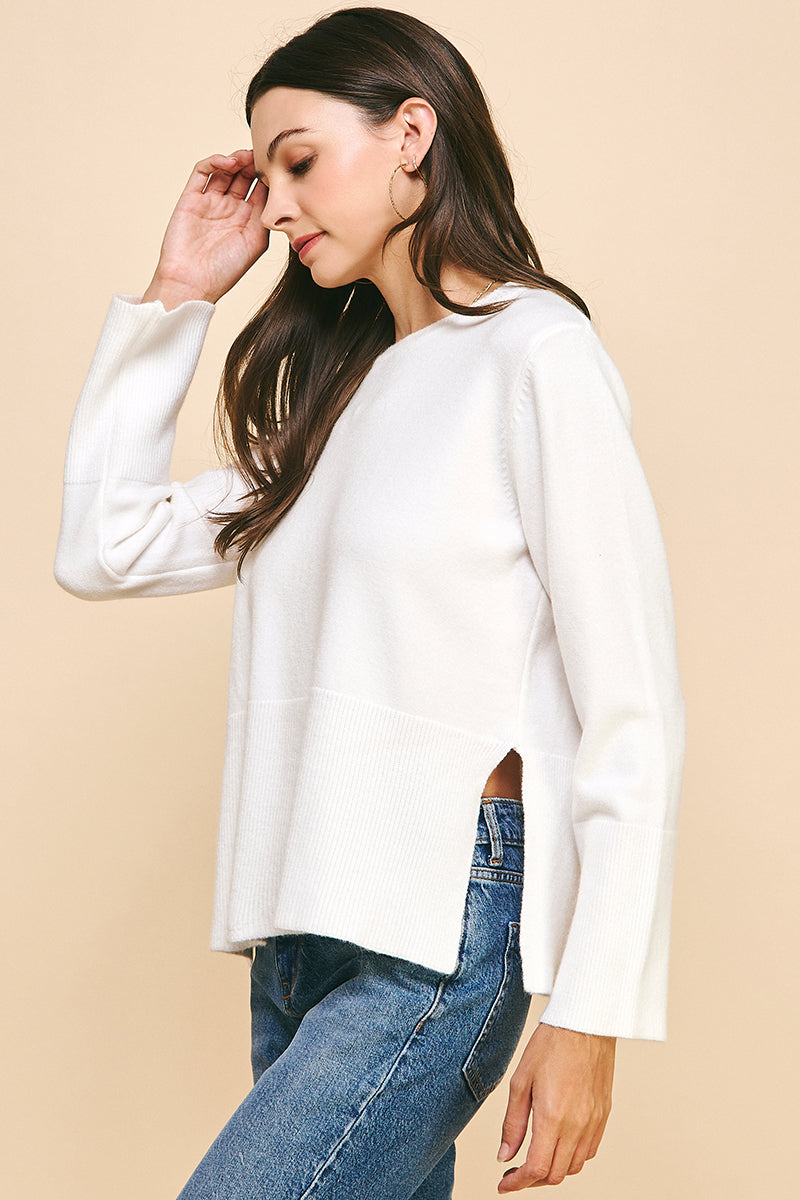 Side Slit Long Sleeve Sweater - Off White