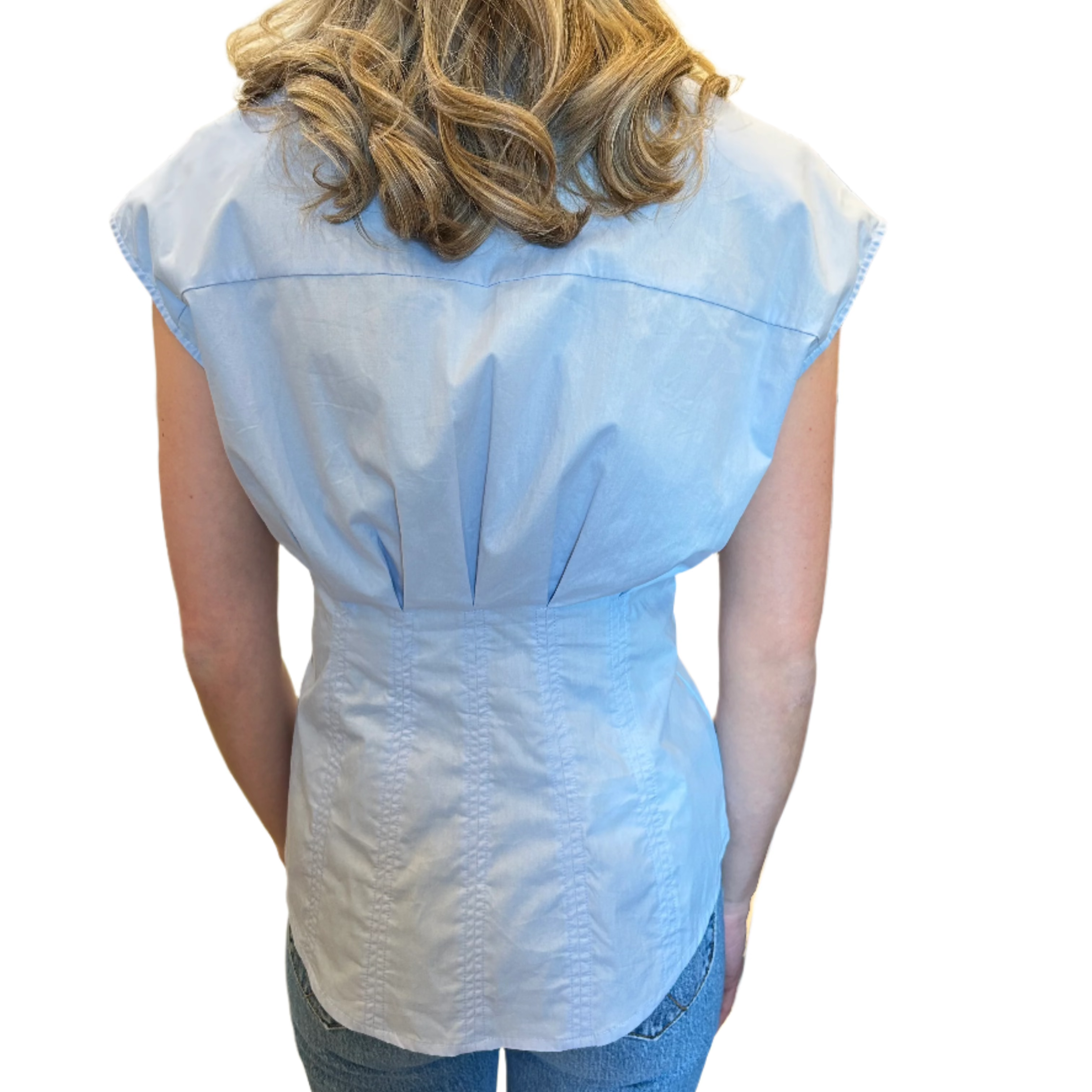 Pleated Cap Sleeve Blouse - Blue and White