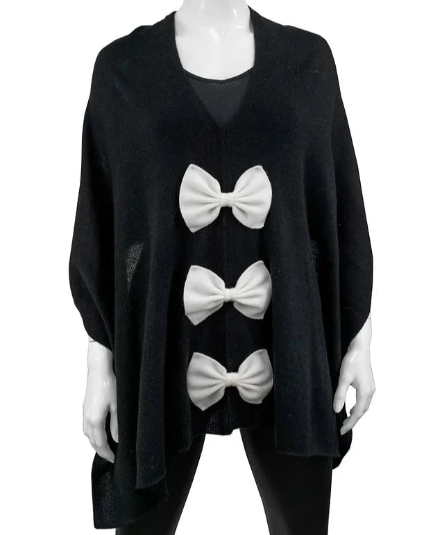 Poncho with Knitted Bows - (black or white)