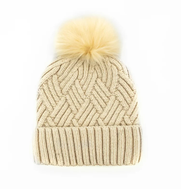 Knit Hat with Fur Pom - (three colors)