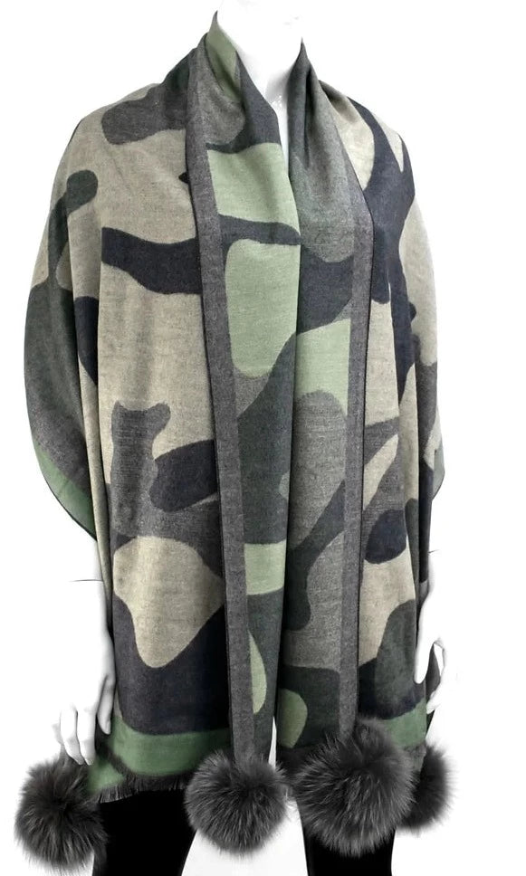 Large Camo Scarf with Fox Poms - (blue or khaki)