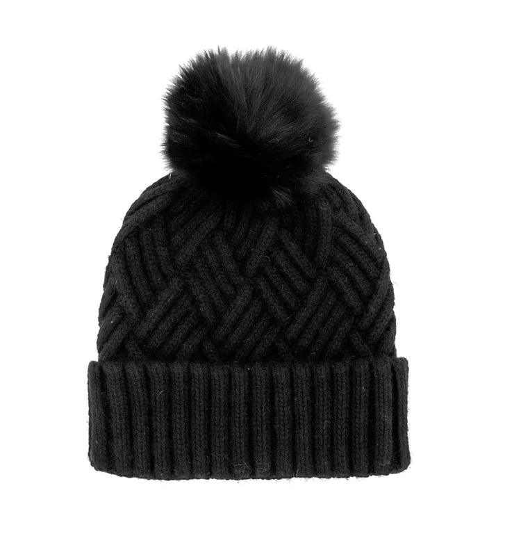 Knit Hat with Fur Pom - (three colors)