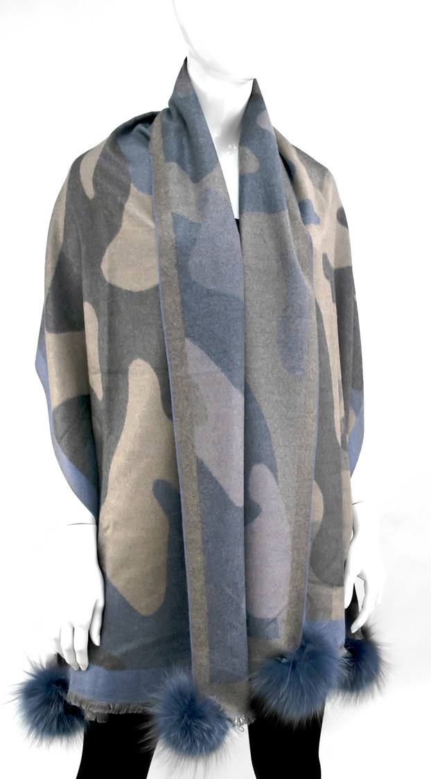 Large Camo Scarf with Fox Poms - (blue or khaki)