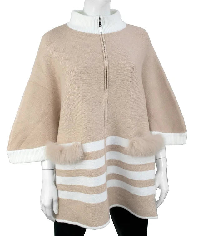 Striped Knit Zip Up Poncho w Sleeves and Fox Trim on Pocket