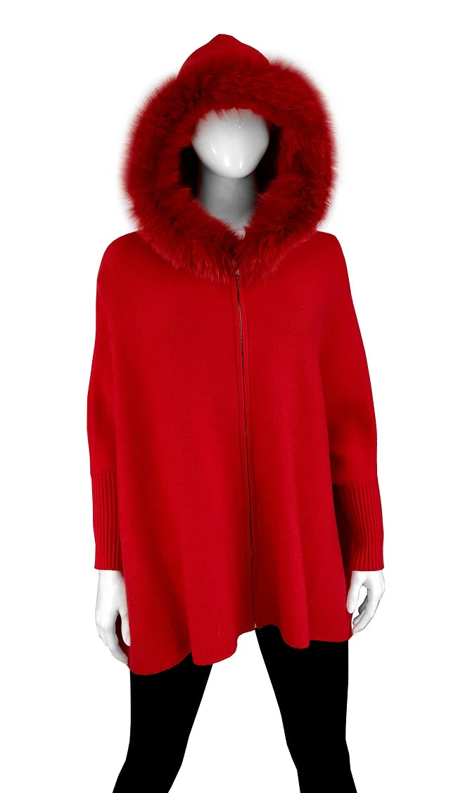 Fur Trimmed Zip Up Hoodie  - (red or pearl)