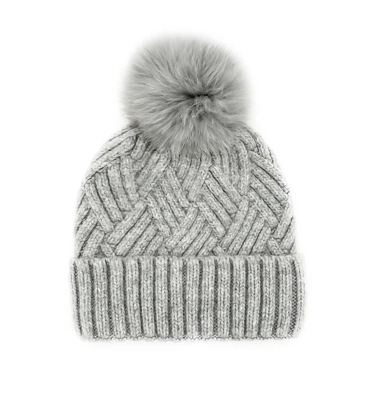 Knit Hat with Fur Pom - (three colors)