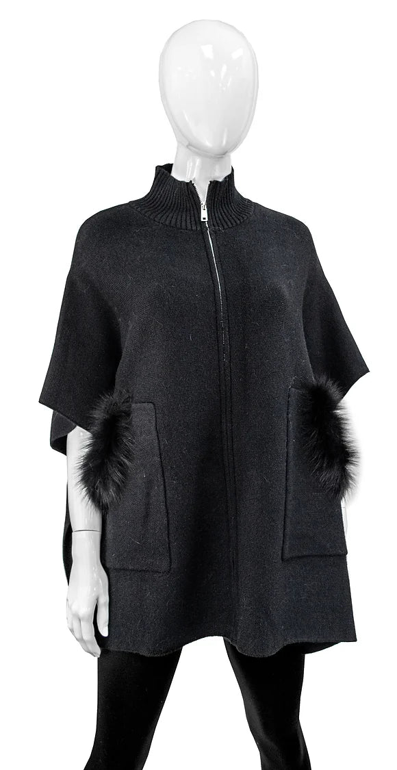 Zip Up Knit Cape with Fox Trim Pockets