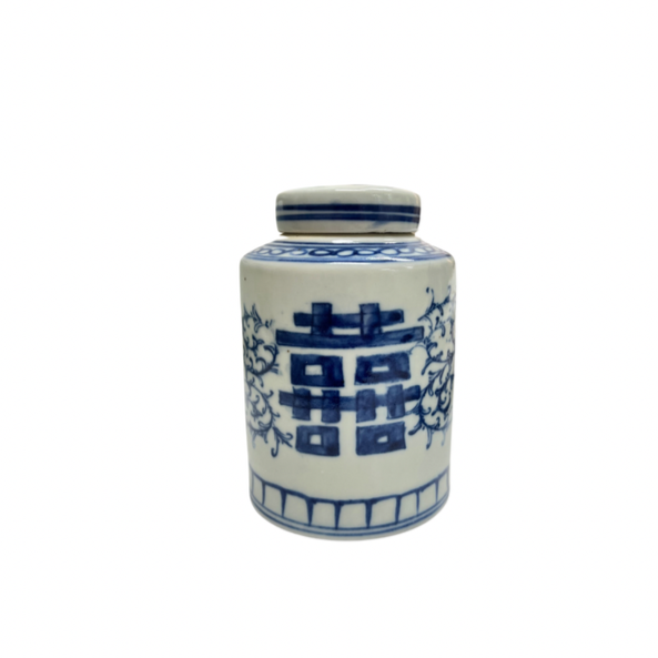 Small Cylinder Lidded Jar Double Happiness - Blue/White