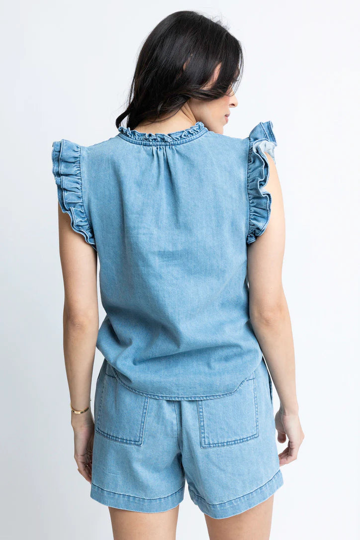 Denim Ruffle Sleeve Short Set