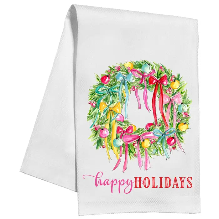 Kitchen Towel - Happy Holidays Wreath with Ornaments and Bows