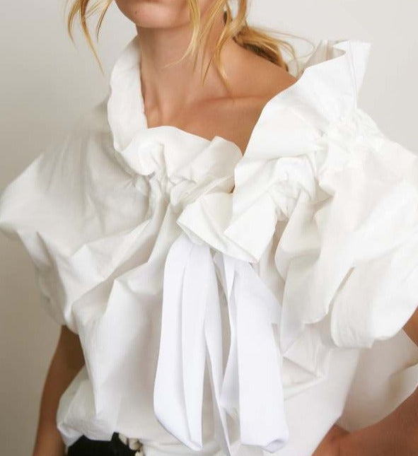 A Beautiful Mess Ruffle Neck Blouse - (black or white)