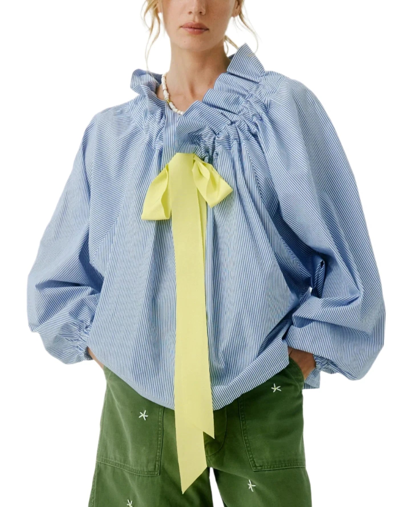 Beautiful Mess Top - Blue Stripe with Neon Ribbon