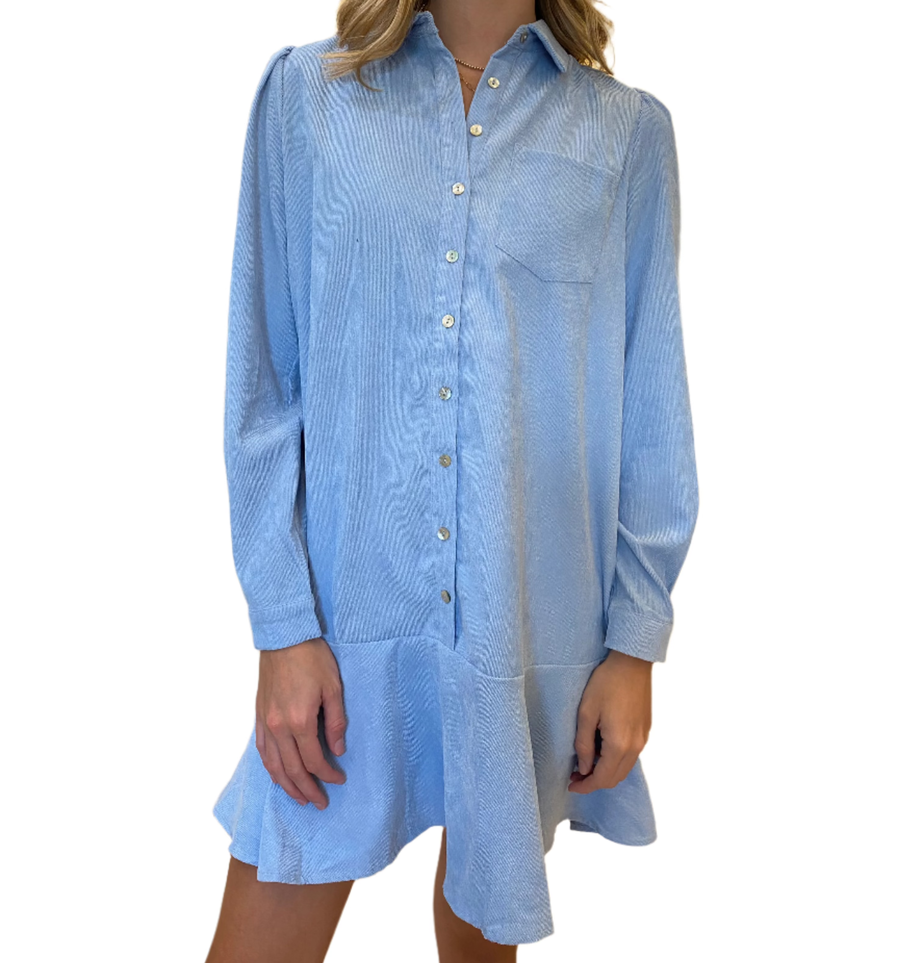 Corduroy Button Down Mini Dress - Baby Blue