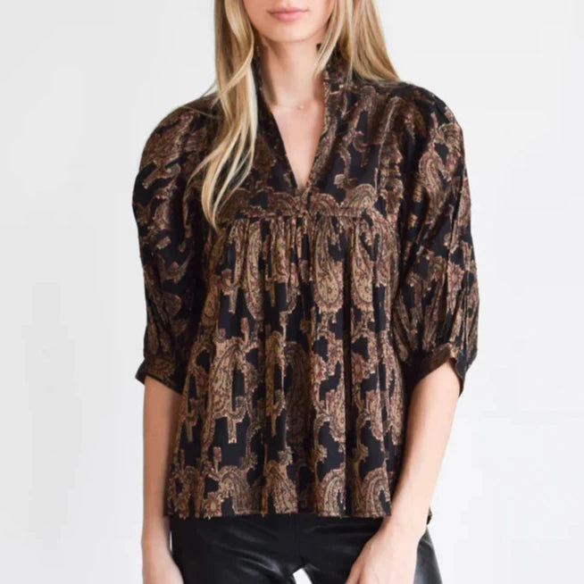 Never a Wallflower High Neck Top - Black Paisley