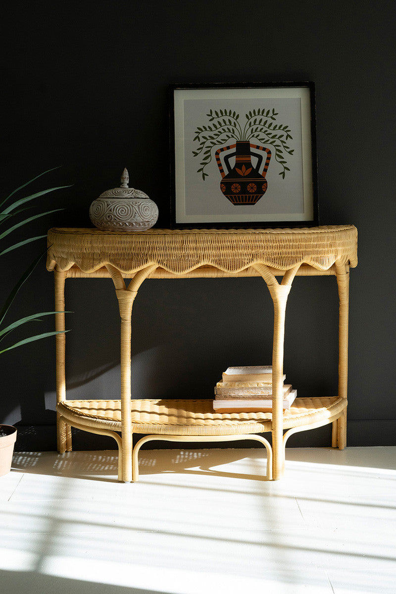 Demi-Lune Double Shelf Rattan Console Table