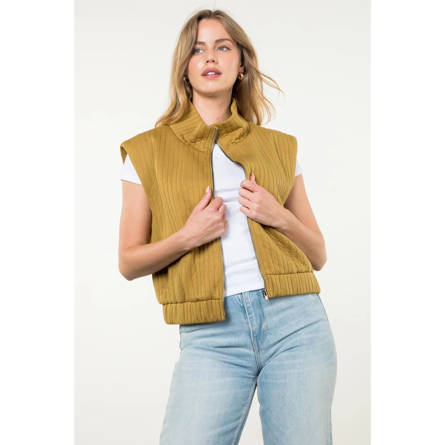 Striped Texture Zip Up Vest - (3 colors)