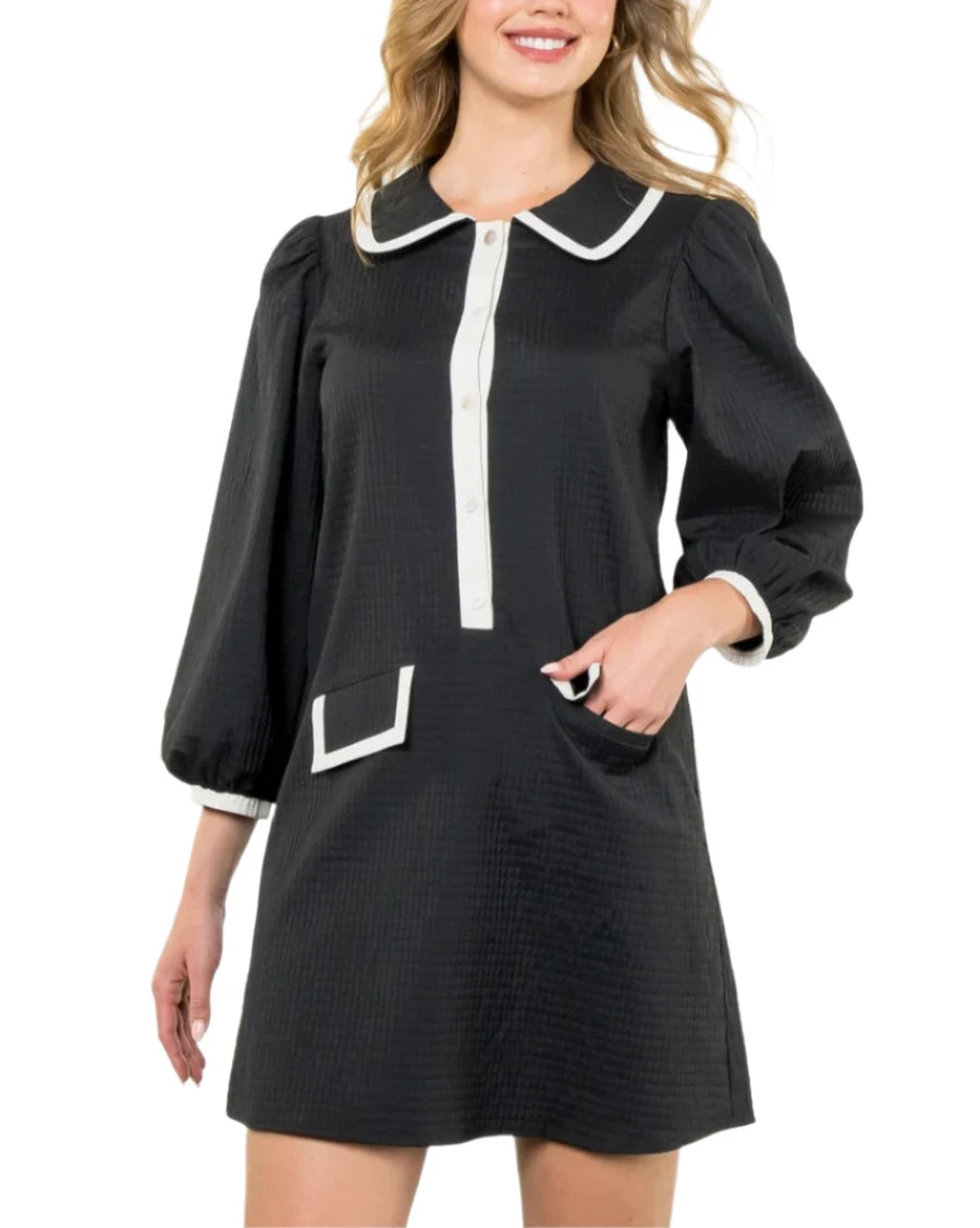 Long Sleeve Textured Midi Dress - Black