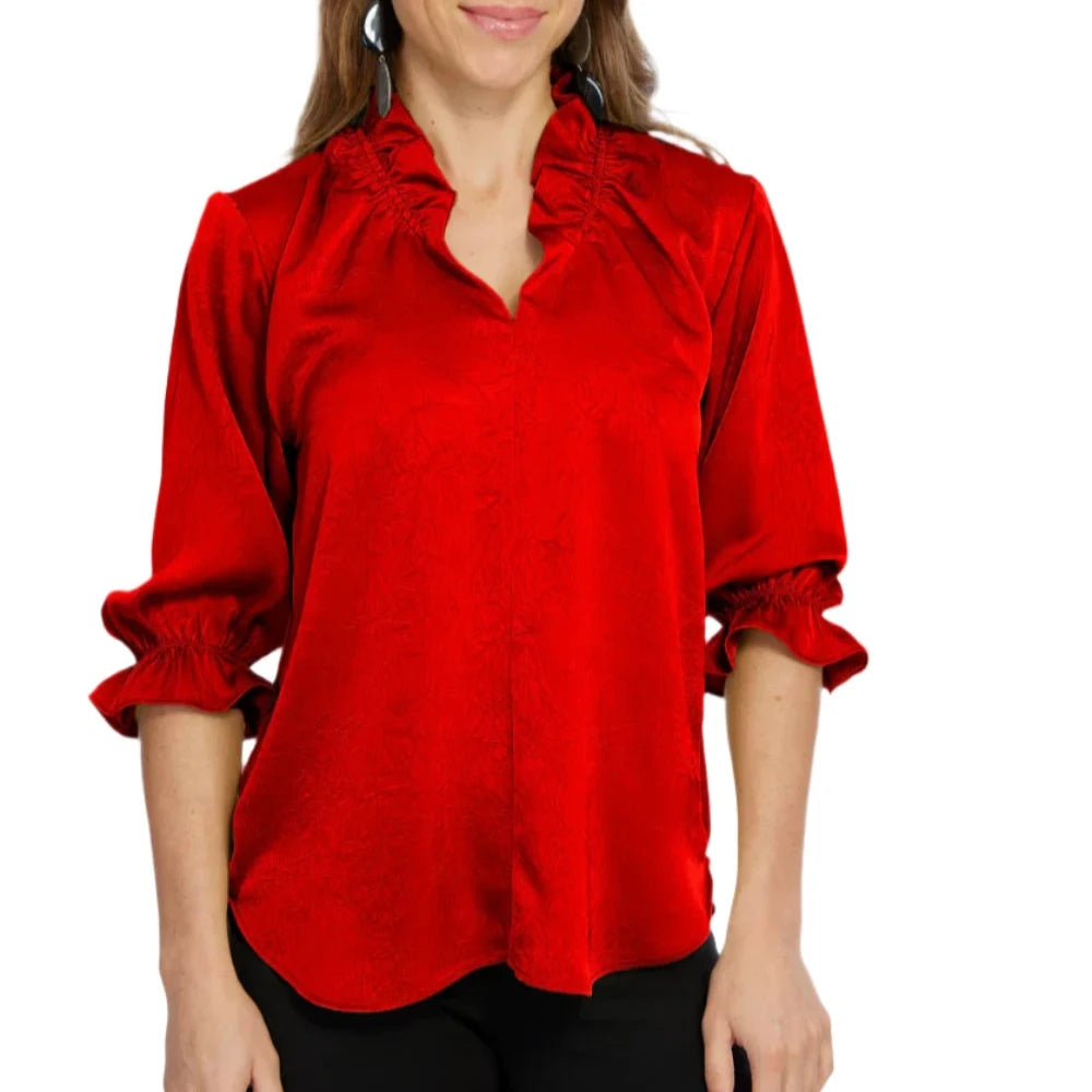 Hailey Red V Neck Ruffle Puff Sleeve Blouse - Red