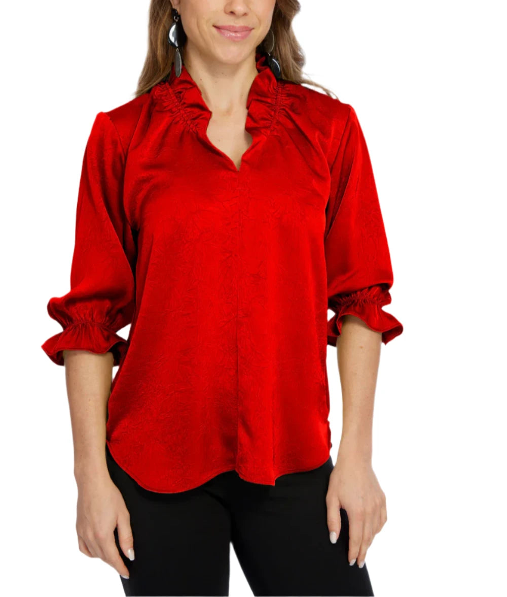 Hailey Red V Neck Ruffle Puff Sleeve Blouse - Red