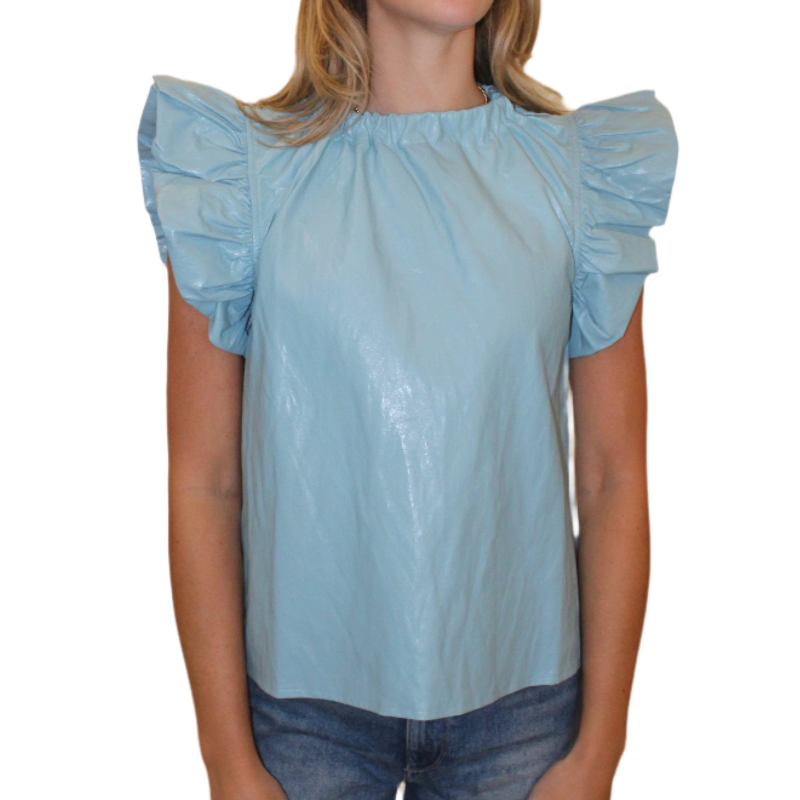 Vegan Leather Short Sleeve Tops - Light Blue