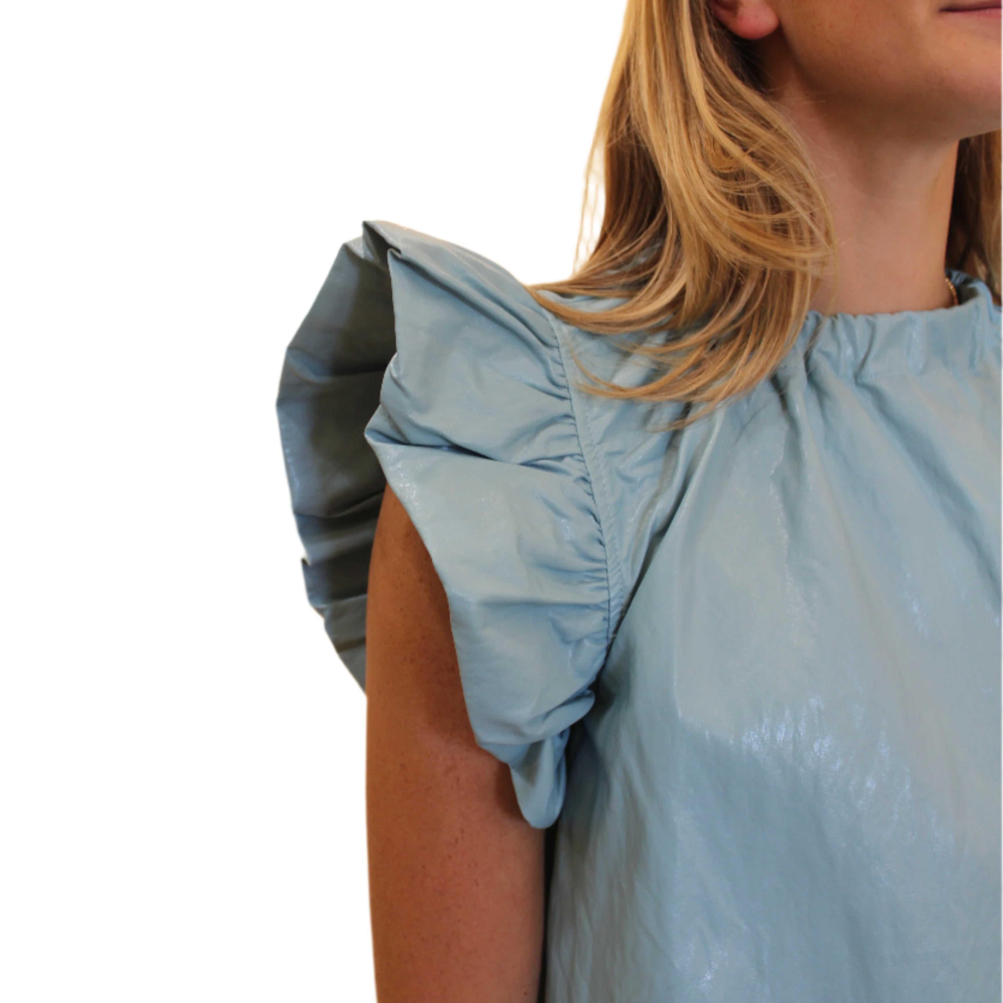 Vegan Leather Short Sleeve Tops - Light Blue