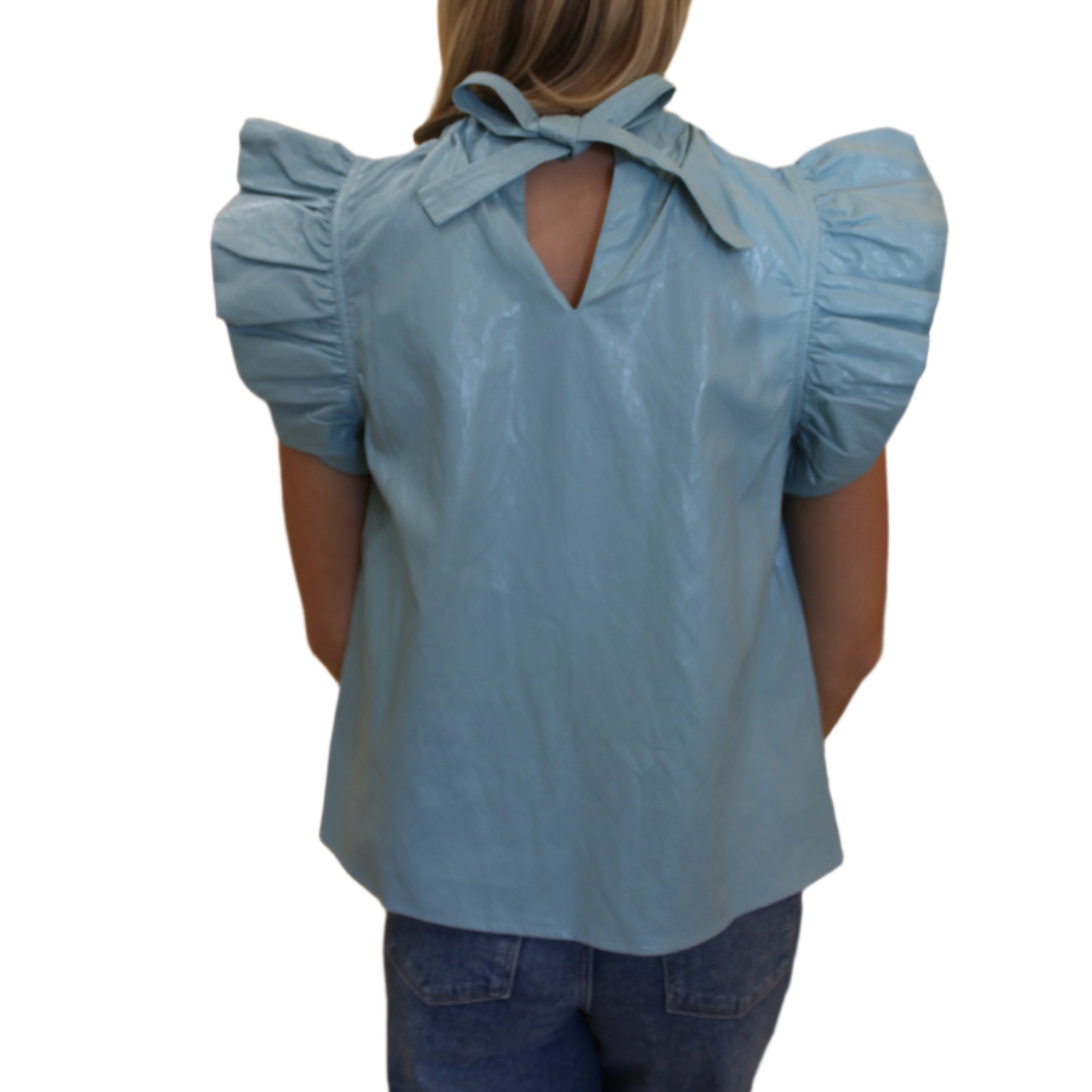 Vegan Leather Short Sleeve Tops - Light Blue