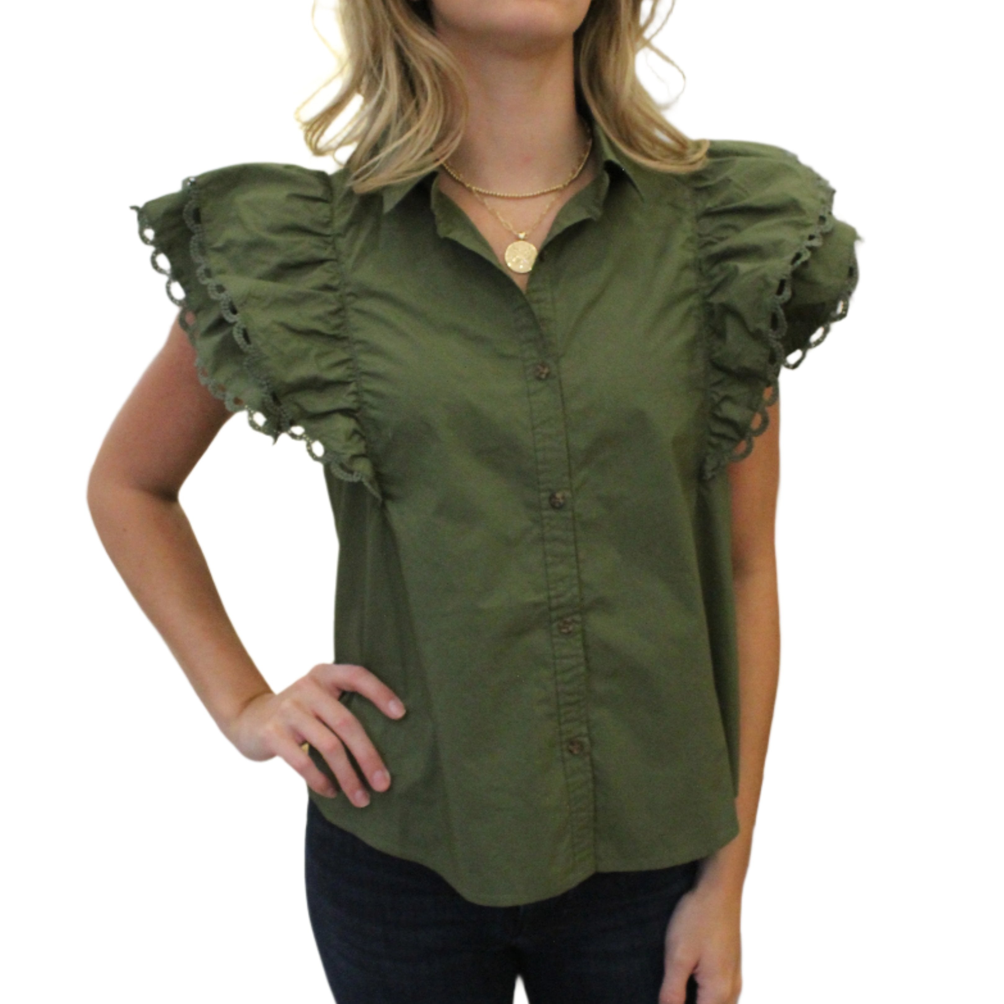 Melissa Nepton Rosanna Scallop Frill Soft Blouse - Olive Night