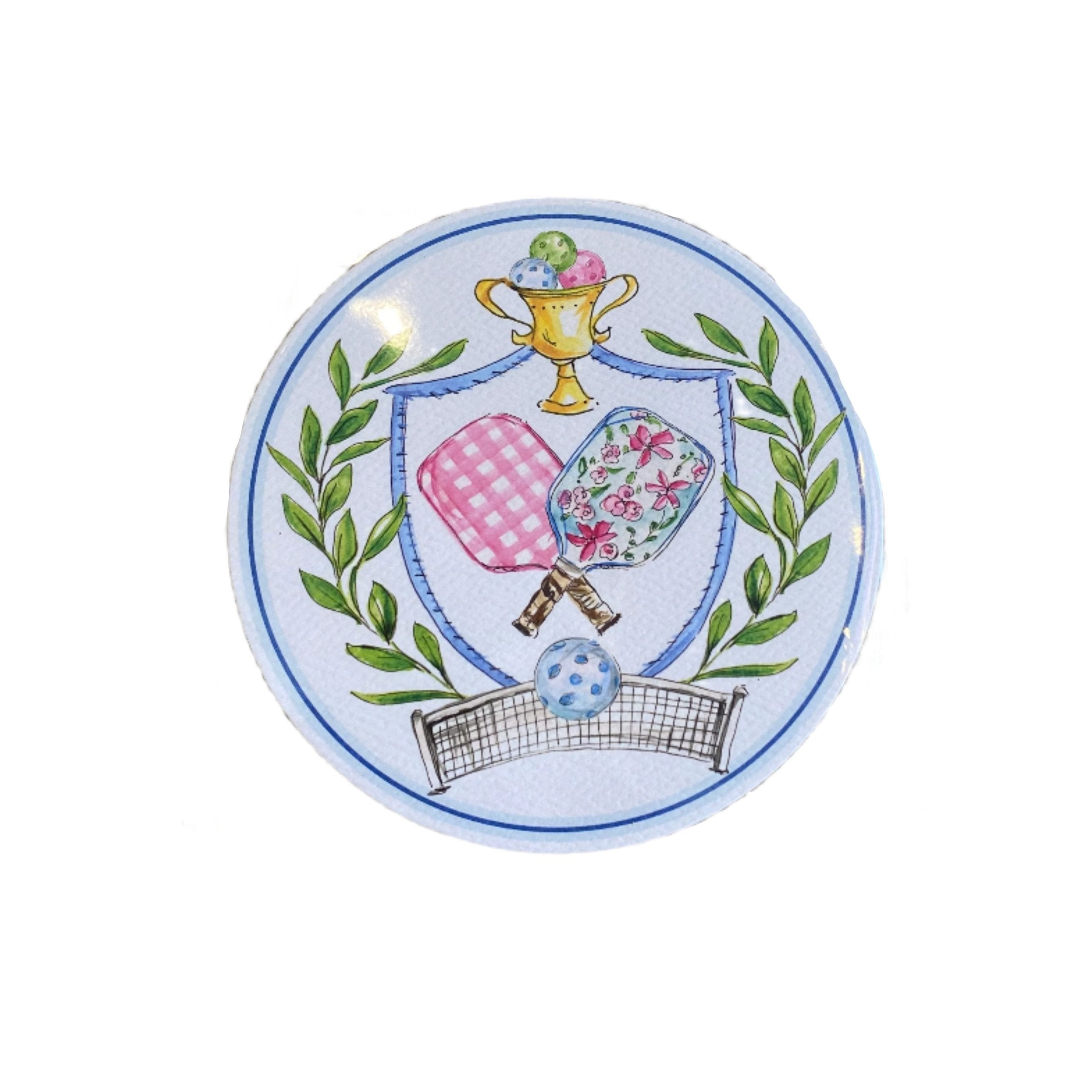 Round Coaster - Handpainted Preppy Pickleball Crest with Laurel