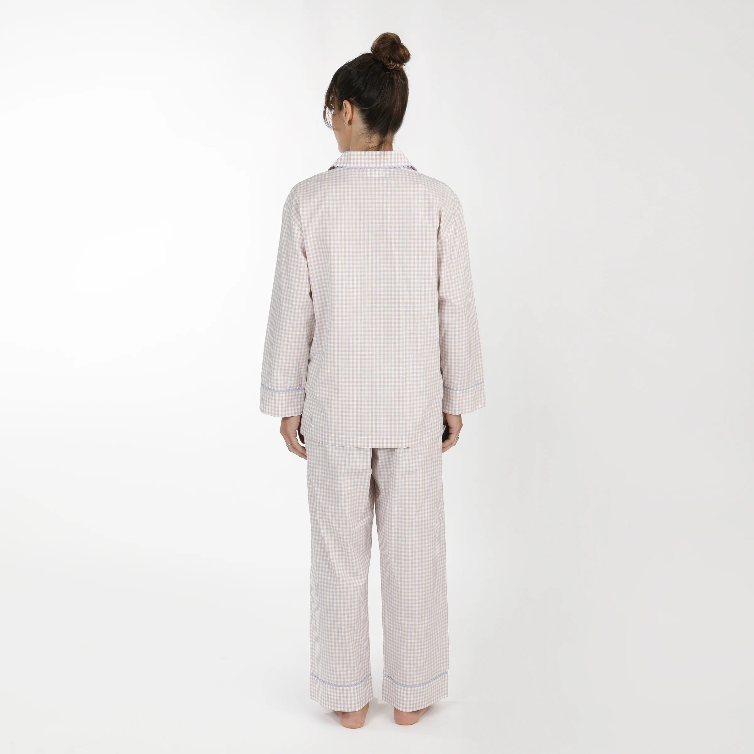 Lenora Pajamas - Khaki Gingham Check w/ Lavender Ric Rac Trim