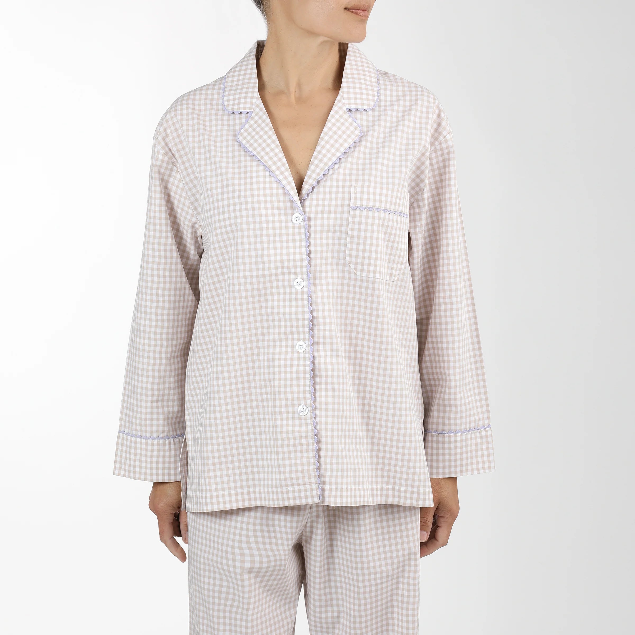 Lenora Pajamas - Khaki Gingham Check w/ Lavender Ric Rac Trim