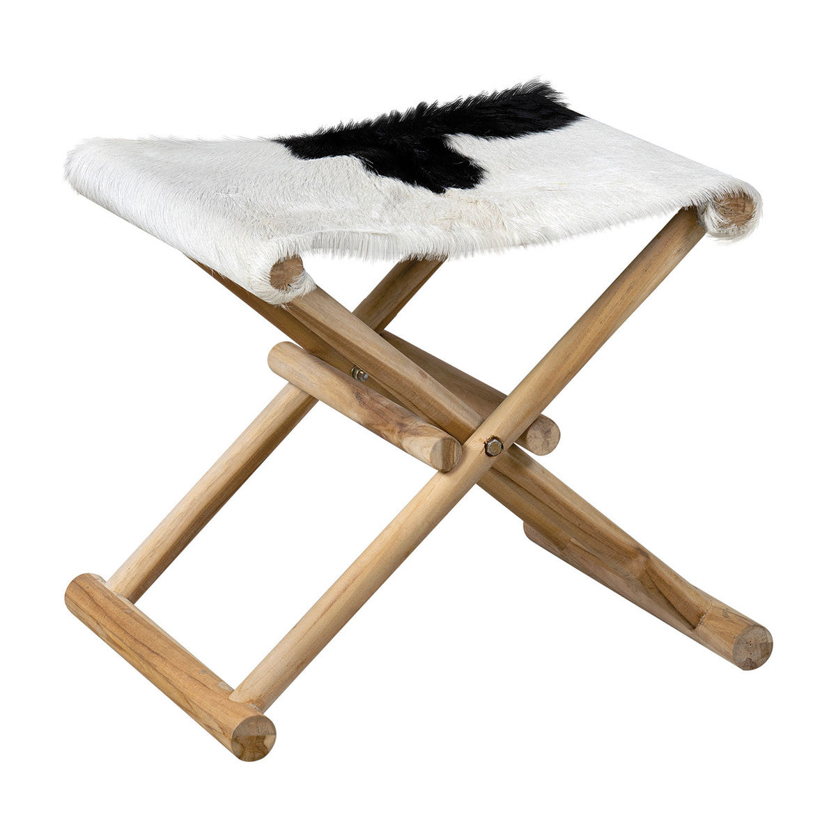 Campaign Folding Stool, Teak - Black and White Leather