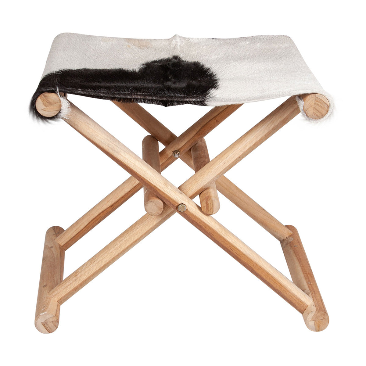 Campaign Folding Stool, Teak - Black and White Leather