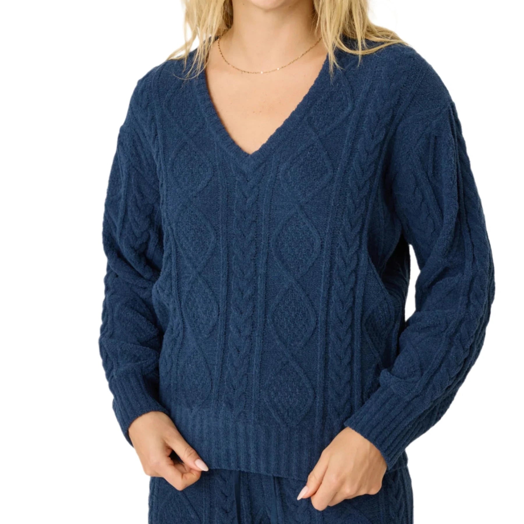 P.J. Salvage Cable Crew V-Neck Sweater - Midnight